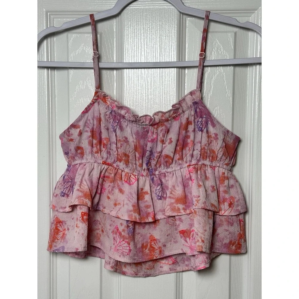Wild Fable Womens Small Tiered Ruffle Tank Top in Light Pink Butterfly Print - Picture 6 of 12